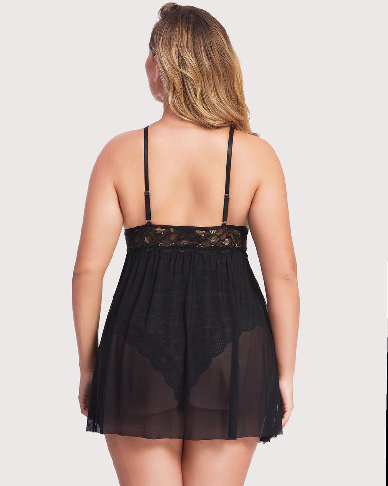 Plus Size Black Lace Babydoll Teddy with adjustable straps and mesh skirt