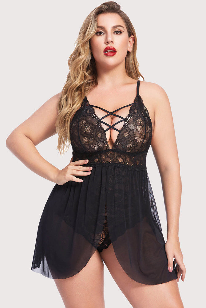 Plus Size Black Lace Babydoll Teddy Lingerie with Criss-Cross Straps