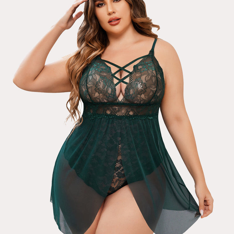 Plus Size Green Lace Babydoll Nighty with Criss-cross Detailing and Snap Crotch