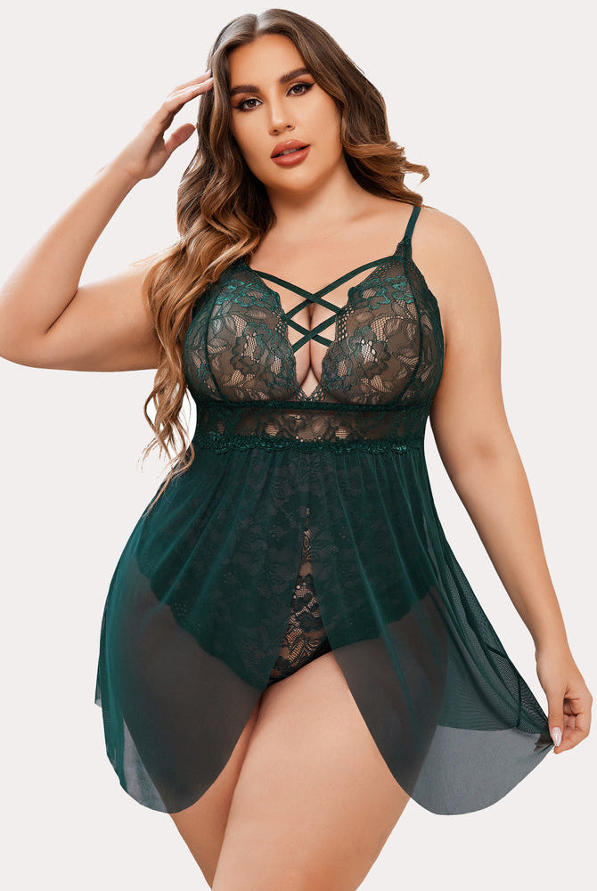 Plus Size Green Babydoll Lingerie with Lace Cups and Criss-Cross Straps and Mesh Skirt