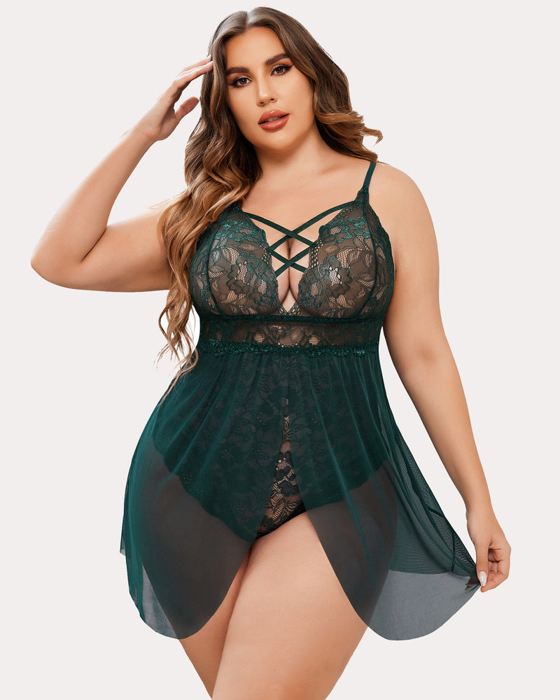 Plus Size Green Babydoll Lingerie with Lace Cups and Criss-Cross Straps and Mesh Skirt
