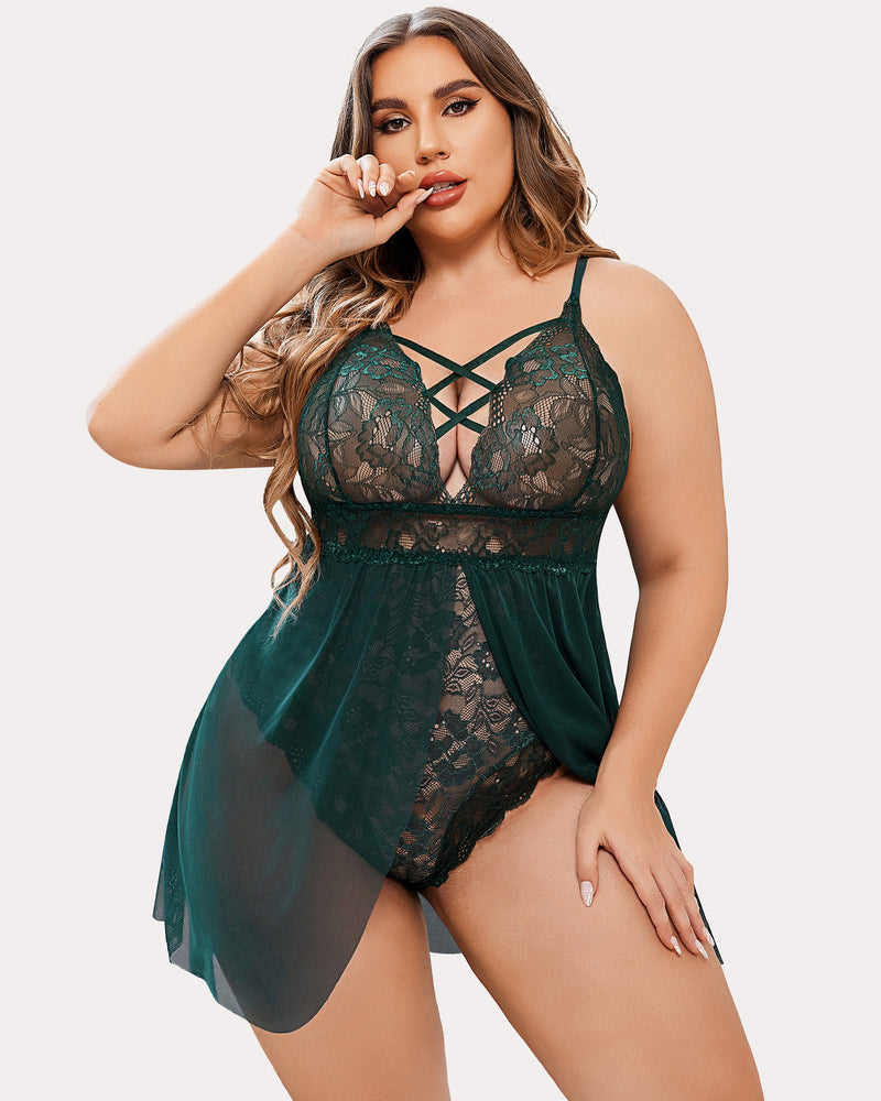 Plus Size Green Lace Babydoll Lingerie with Criss-cross Detailing, Snap Crotch