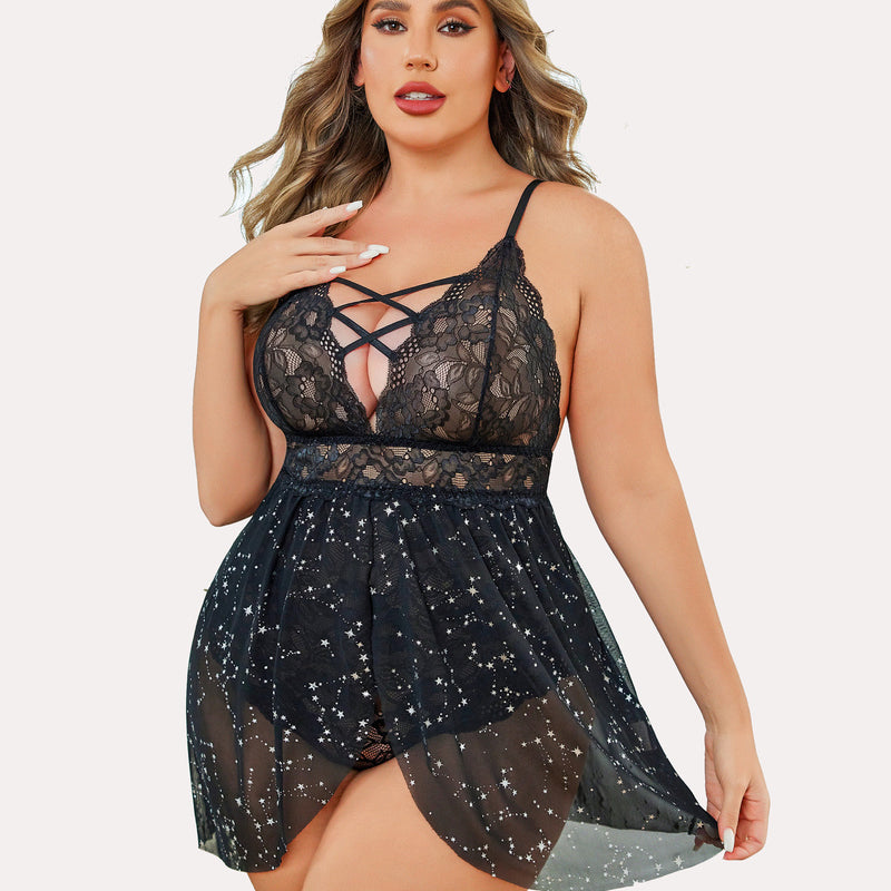Plus Size Black Lace Babydoll Nighty with Criss-cross Detailing, Snap Crotch, and Thong Back