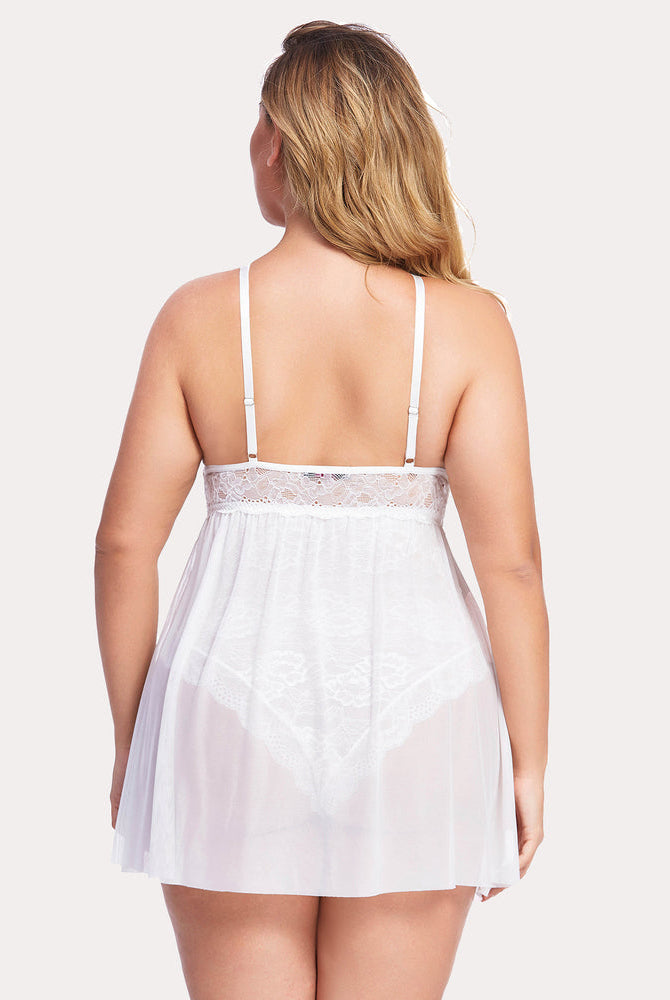 Plus Size White Lace Babydoll Nighty with Snap Crotch, White Lace Lingerie