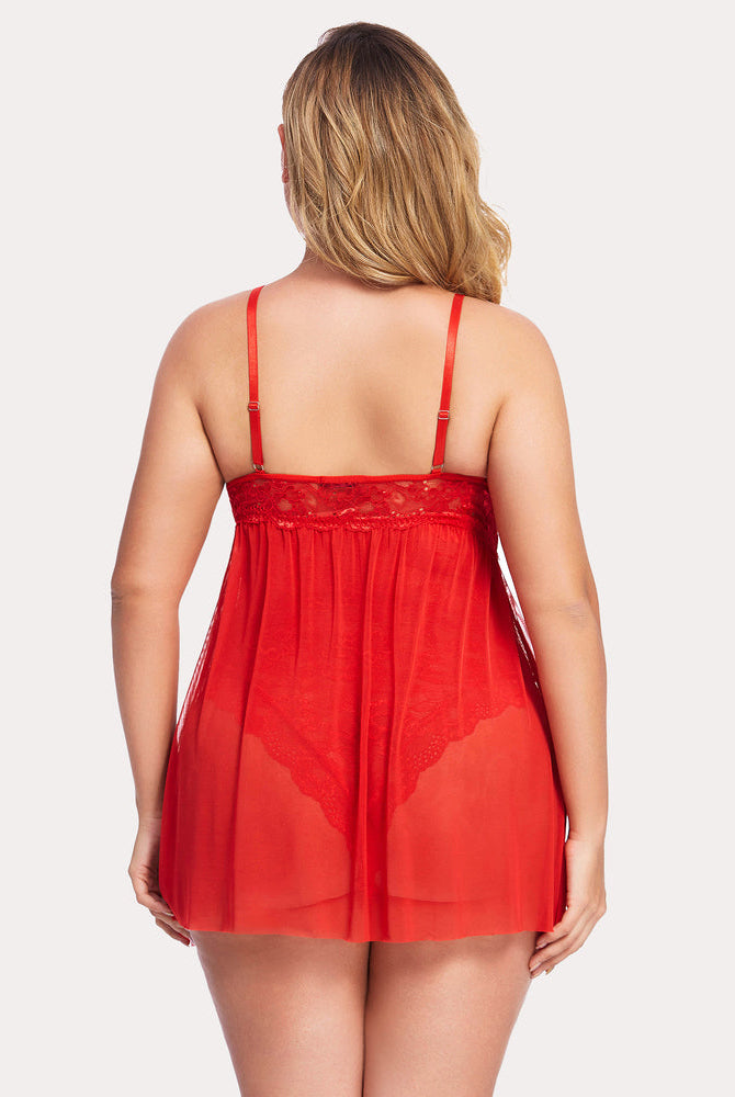 Plus Size Red Babydoll Nighty with Adjustable Straps and Thong Back