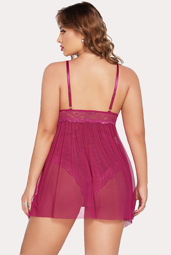 Plus Size burgundy babydoll nighty with lace, snap crotch and thong back, V-neck design