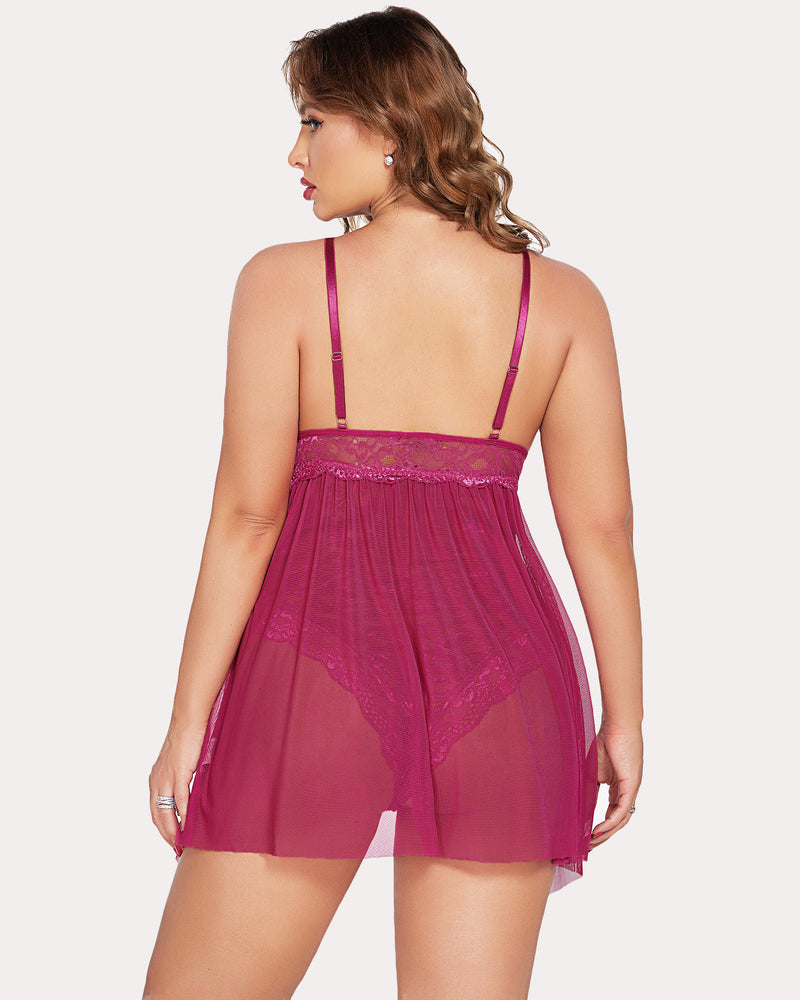 Plus Size Raspberry Lace Babydoll Lingerie with Criss-Cross Straps and Mesh Skirt
