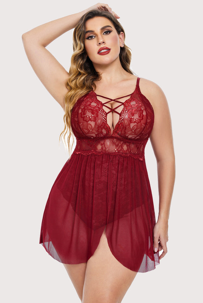 Burgundy plus size lace nighty with snap crotch, criss-cross bust and babydoll design