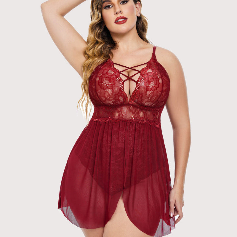 Plus Size Red Babydoll Teddy Lingerie featuring lace cups and criss-cross straps
