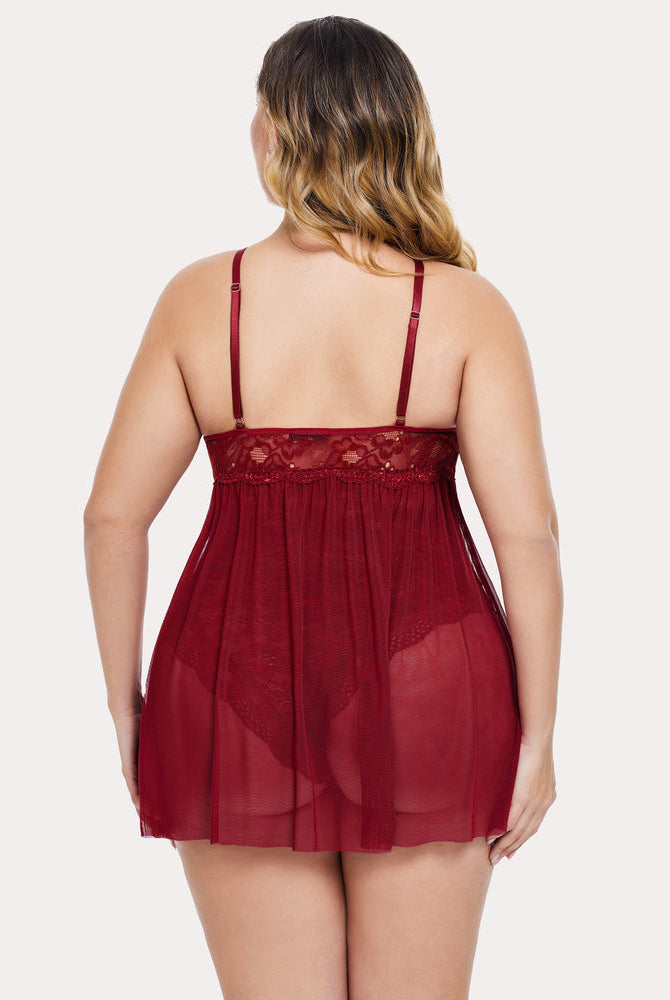 Burgundy plus size babydoll teddy lingerie with adjustable straps and mesh overlay - back view