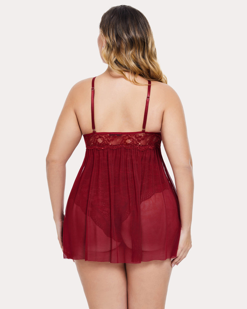 Burgundy plus size babydoll teddy lingerie with adjustable straps and mesh overlay - back view