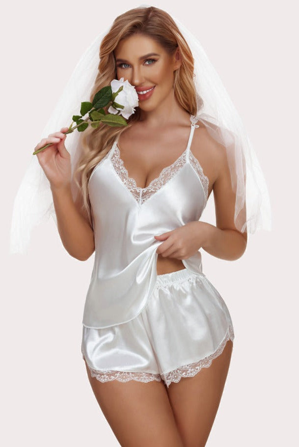 White satin cami shorts set with lace trim, bride in elegant sleepwear