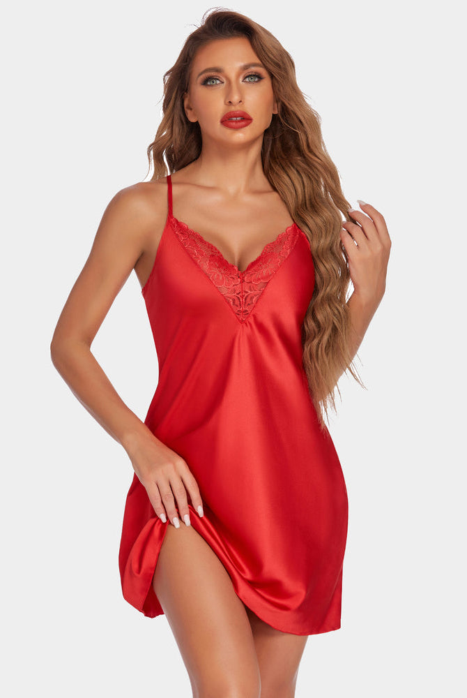 Red satin V-neck nightgown with lace trim and thin spaghetti straps.