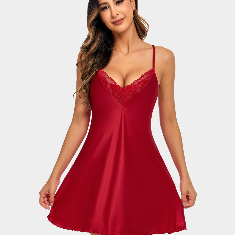 Red satin nightgown with lace V-neckline and wide flared skirt
