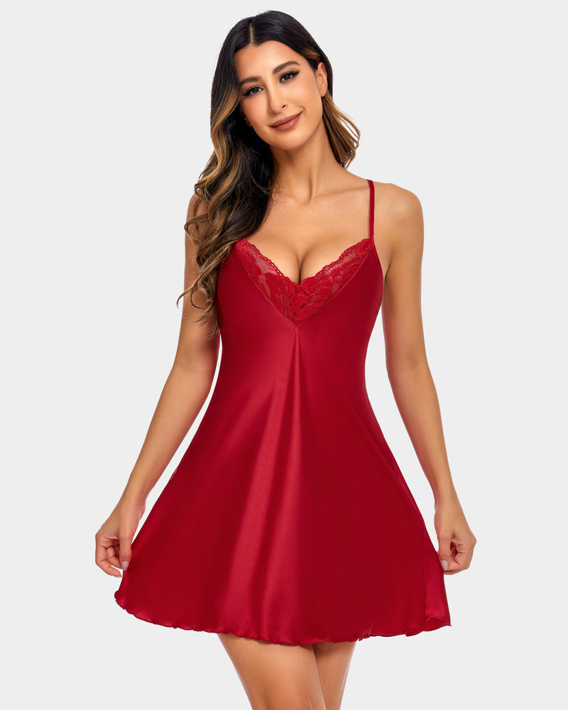 Red satin babydoll nightgown with lace trim, Avidlove sleepwear, sensual slip dress for women