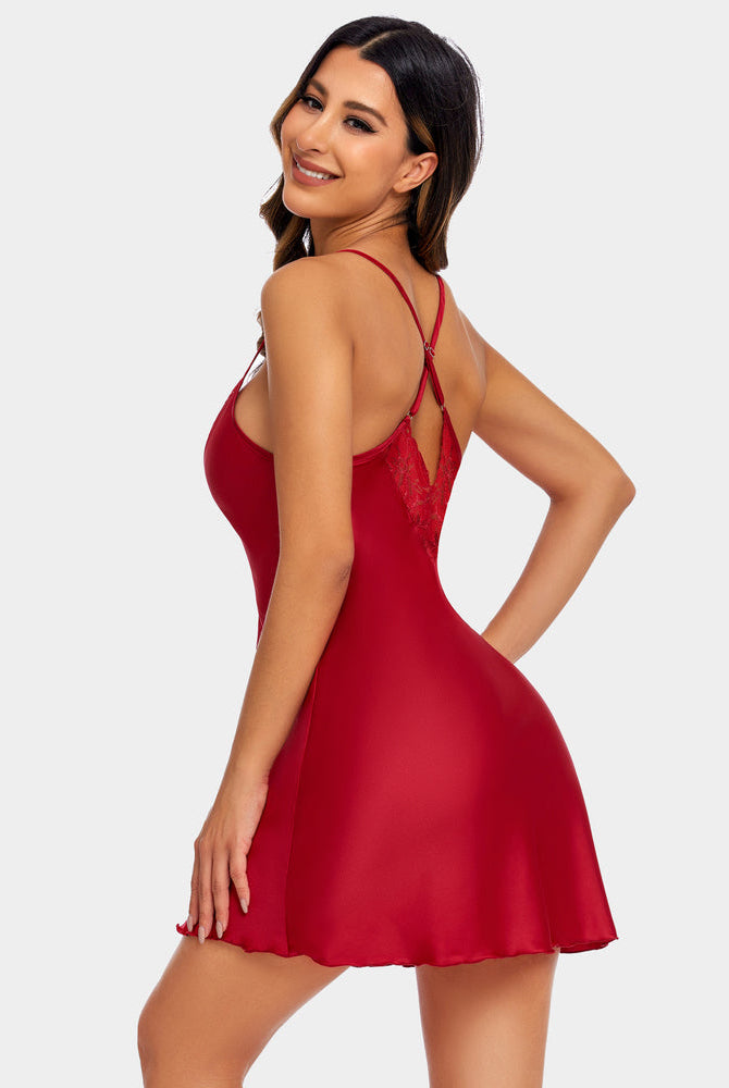Red satin nightgown with lace trim and open back with thin straps