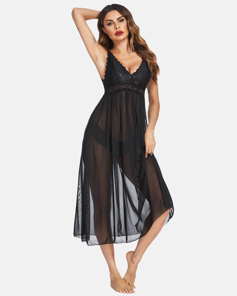 Black Lace Mesh Chemise V Neck Sleepwear, elegant lingerie for women, comfortable and sexy nightwear