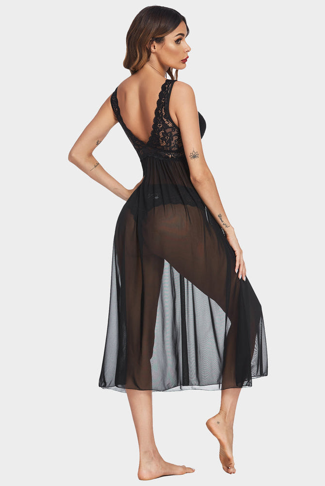 Black mesh chemise V-neck sleepwear with lace detailing, elegant and sexy nightwear for women