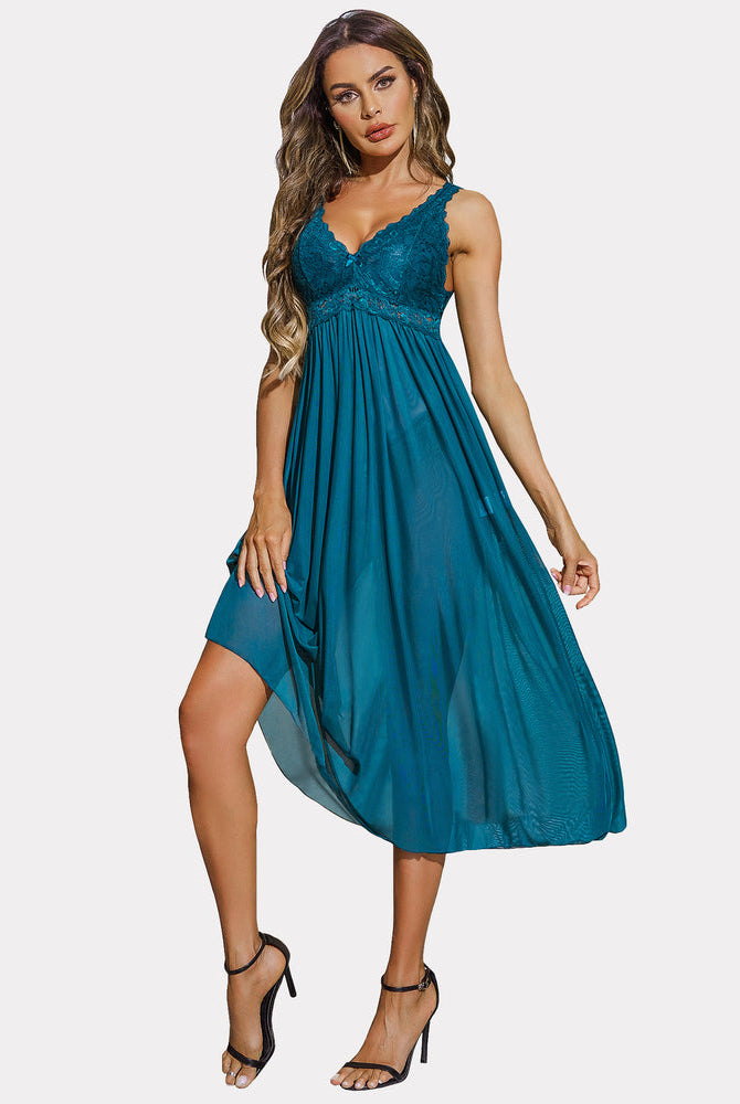 Teal lace mesh babydoll chemise, V-neck nightwear with elegant lace details, sexy lingerie for women