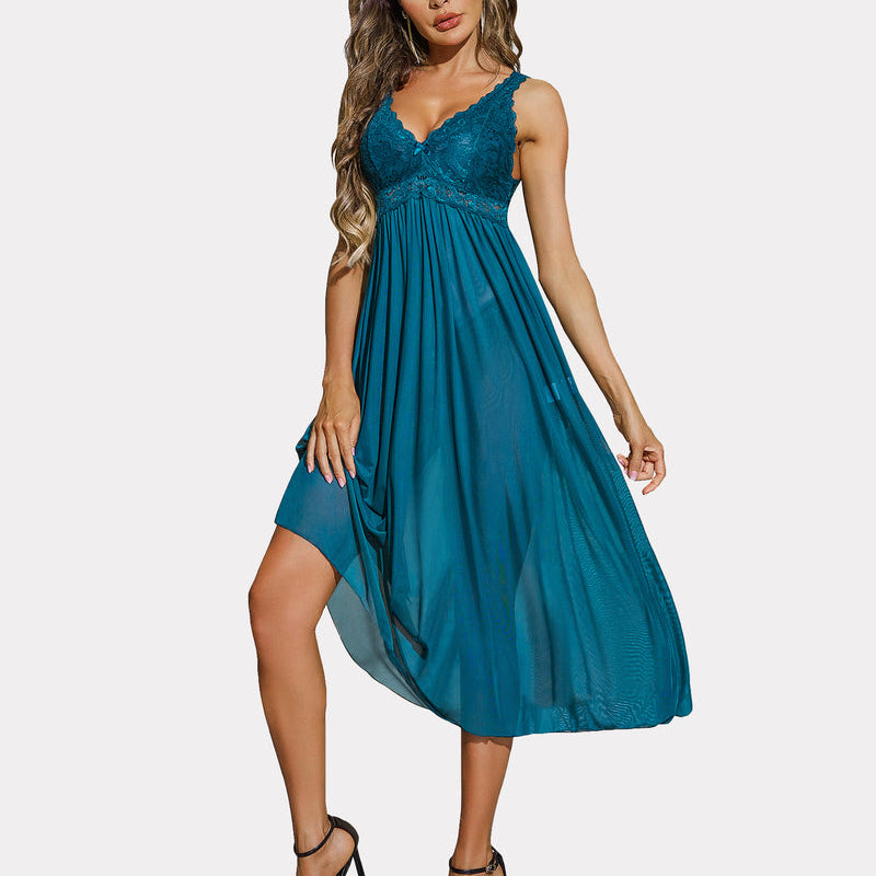 Teal lace mesh babydoll chemise, V-neck nightwear with elegant lace details, sexy lingerie for women