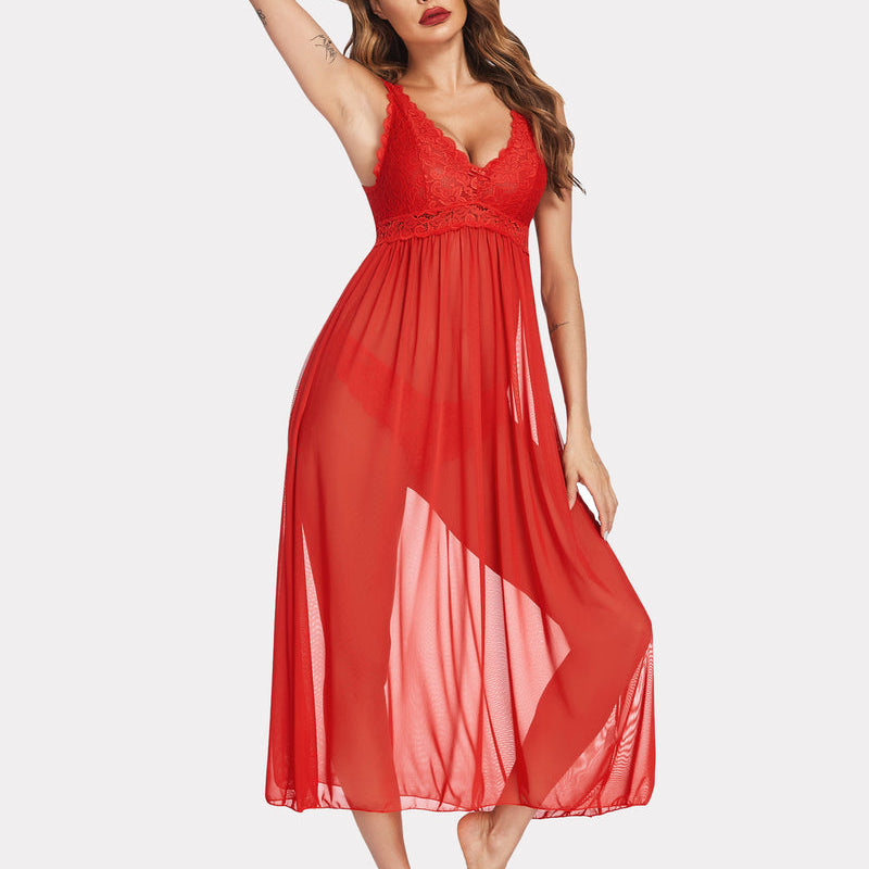 Red lace mesh chemise sleepwear for women, elegant and sexy nightgown for special occasions.