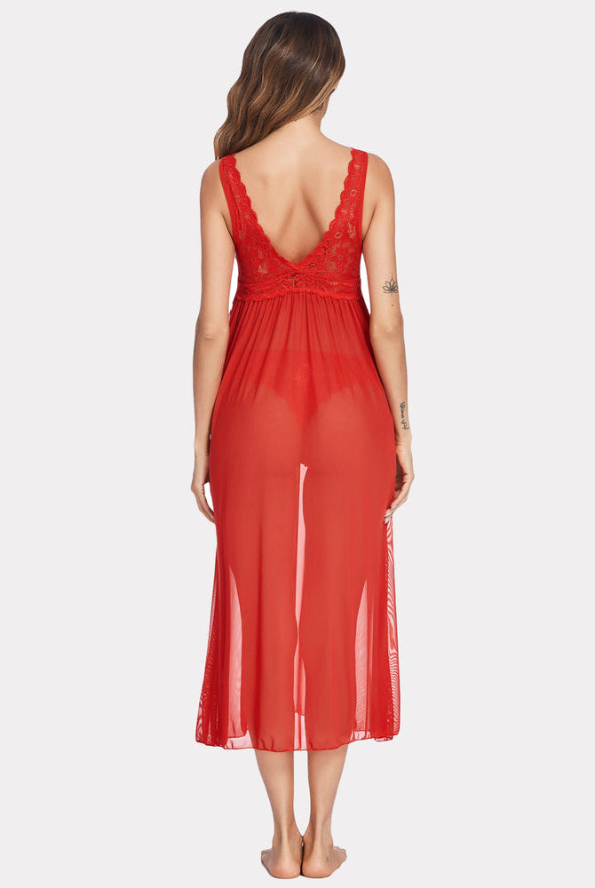 Red Lace Mesh Chemise Sleepwear, V-neck design, elegant lingerie for women, sheer nightgown