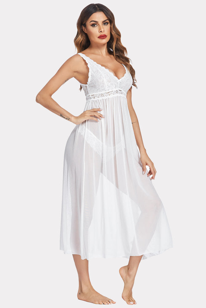 White lace mesh chemise, V-neck, sheer babydoll. Elegant, delicate lingerie for women.