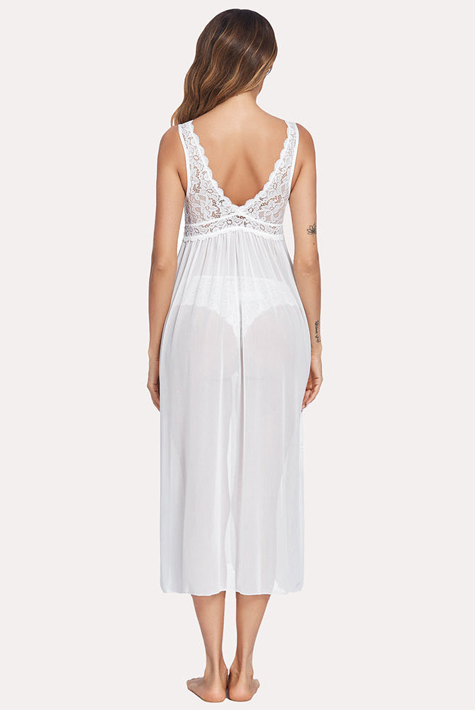 White lace mesh chemise V-neck nightgown. Elegant lace back, sheer babydoll sleepwear.