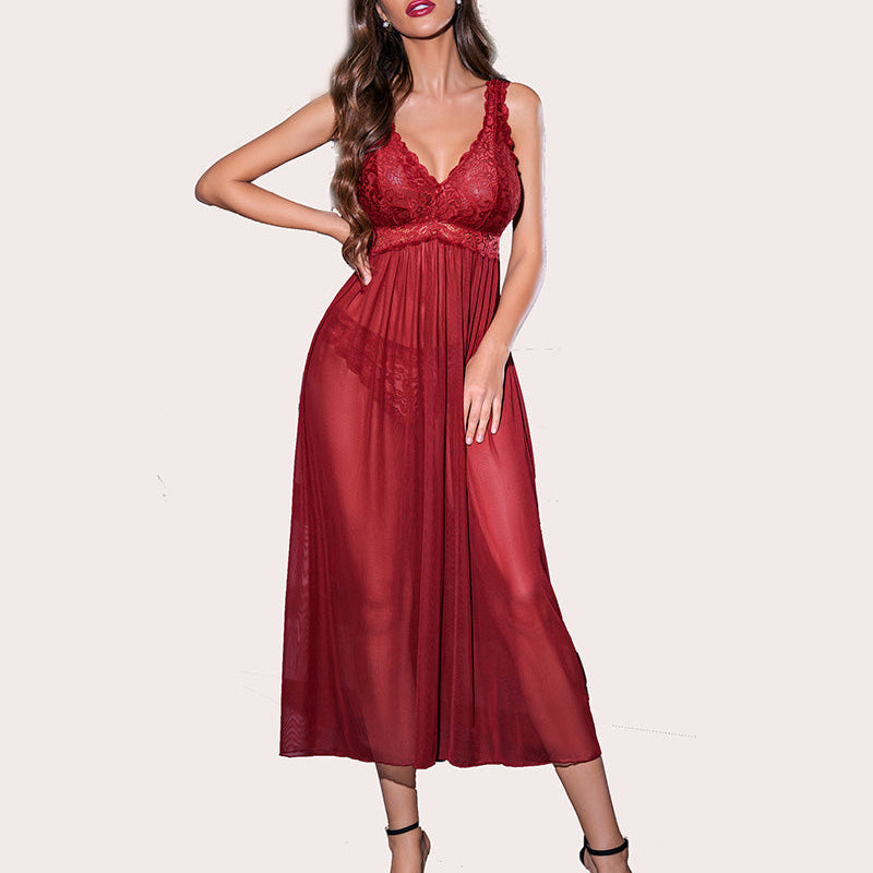 Burgundy lace chemise, V-neck lingerie. Elegant, sheer babydoll sleepwear.