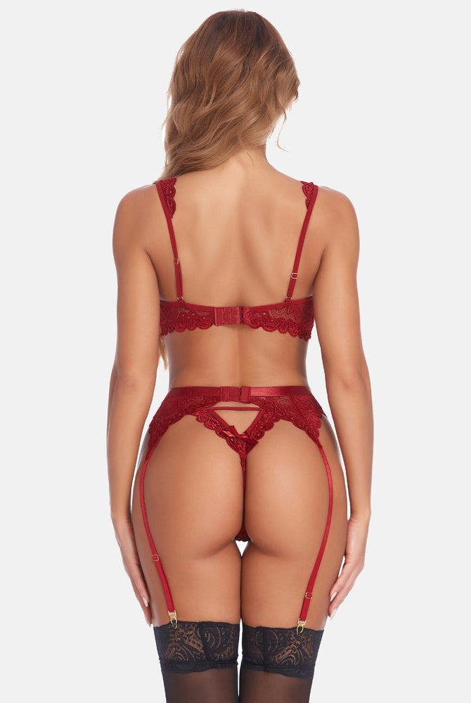 Red lace lingerie set with garter belt and g-string, sexy and elegant design for women, back view