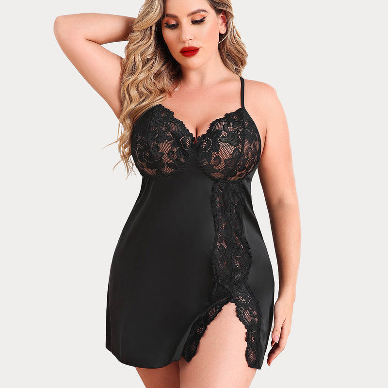 Plus size black satin chemise with lace detail, side slit and adjustable straps