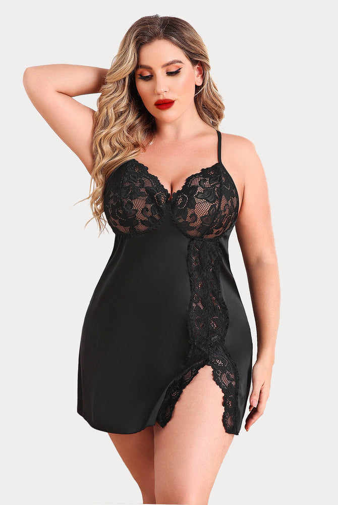 Plus Size Black Satin Nightgown with Lace Trim, Adjustable Straps and Side Slit