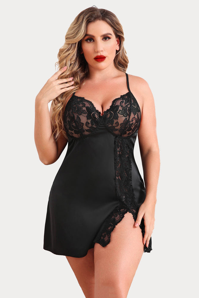 Plus size black satin nightgown with lace trim, adjustable straps and side slit design.