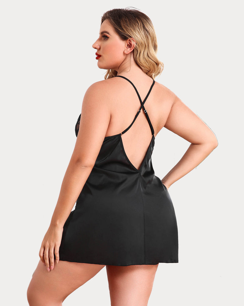 Plus Size Black Satin Chemise with Lace Detail and Adjustable Straps