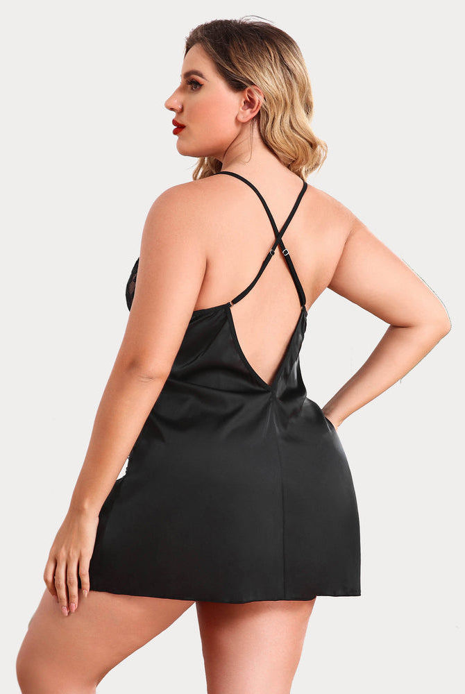 Plus Size Black Satin Nightgown with Adjustable Straps and Side Slit