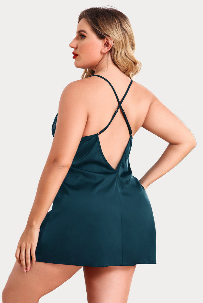 Teal satin plus size chemise with low back, adjustable straps and side slit