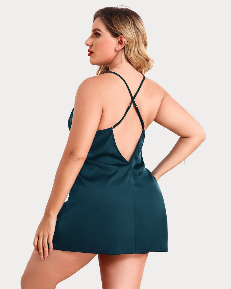 Teal satin plus size chemise with low back, adjustable straps and side slit
