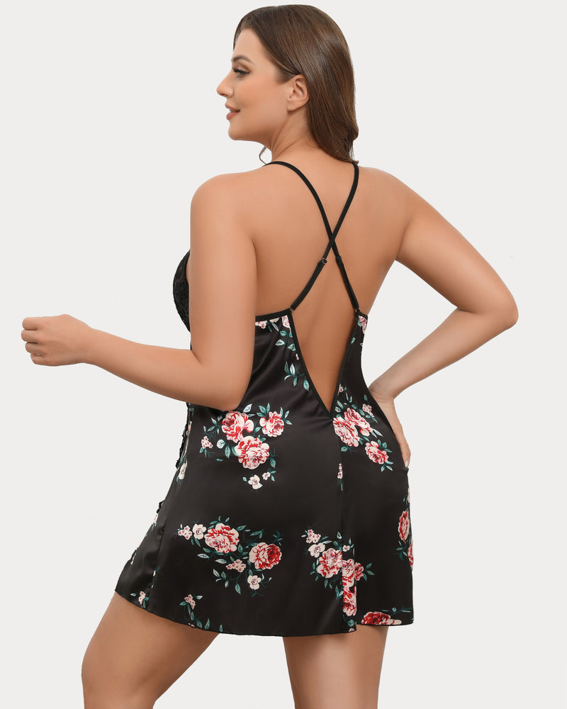 Plus size black satin chemise with floral print, lace detail, side slit and adjustable straps