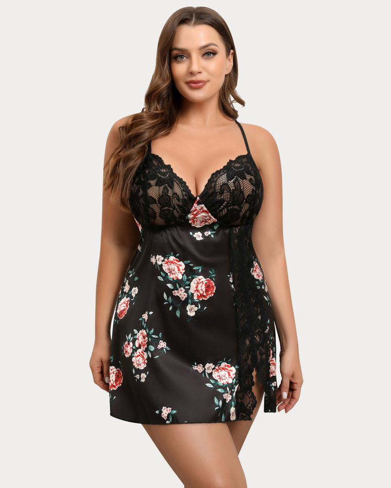 Plus size black satin chemise with lace, floral detail and side slit