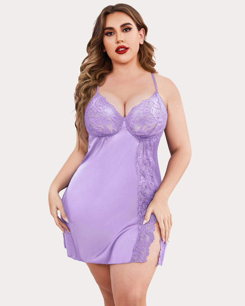 Plus Size Lilac Satin Chemise with Lace Cups and Side Slit
