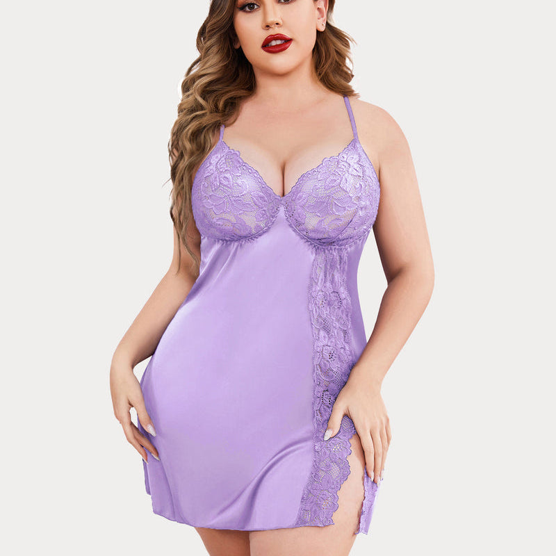 Plus Size Lilac Satin Nightgown with Lace Trim and Side Slit