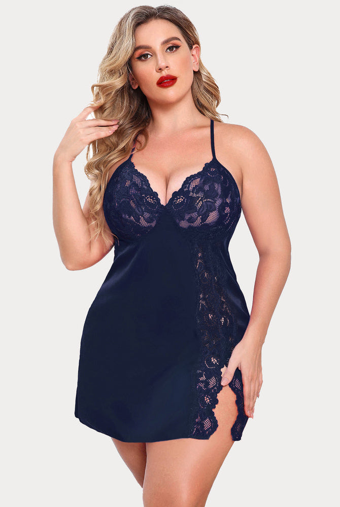 Plus Size Navy Blue Satin Chemise with Lace Cups and Side Slit