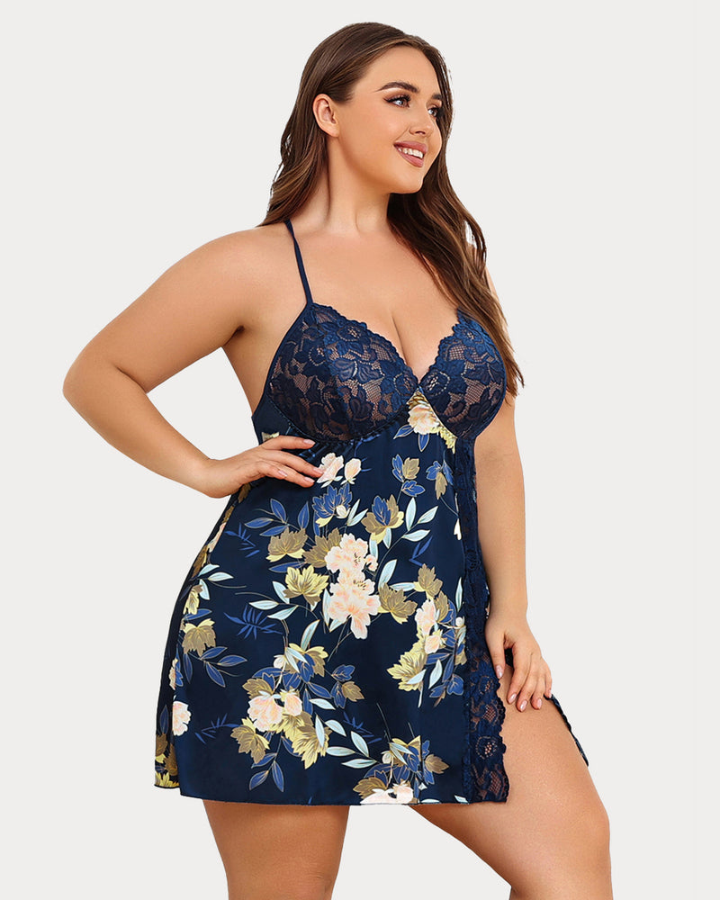 Plus Size Navy Floral Satin Chemise with Lace Cups and Side Slit