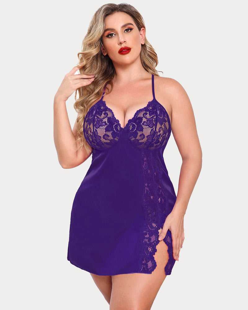 Plus Size Purple Satin Chemise with Lace Cups and Side Slit