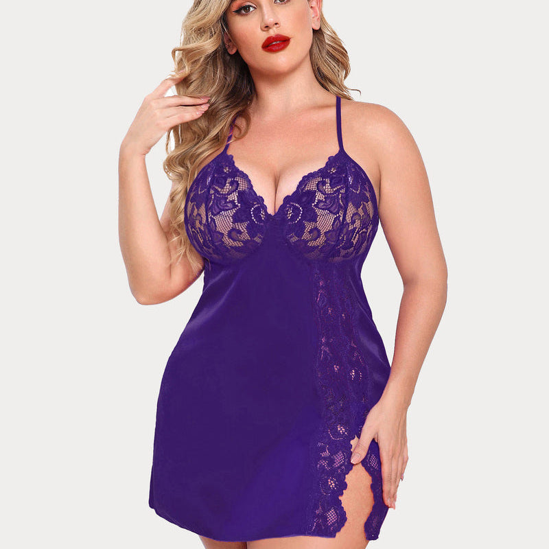 Plus Size Purple Satin Nightgown with Lace Trim and Side Slit