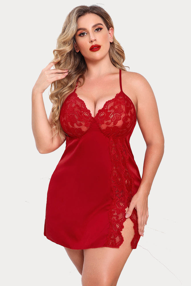 Plus Size Red Satin Nightgown with Lace Trim, Adjustable Straps and Side Slit Design