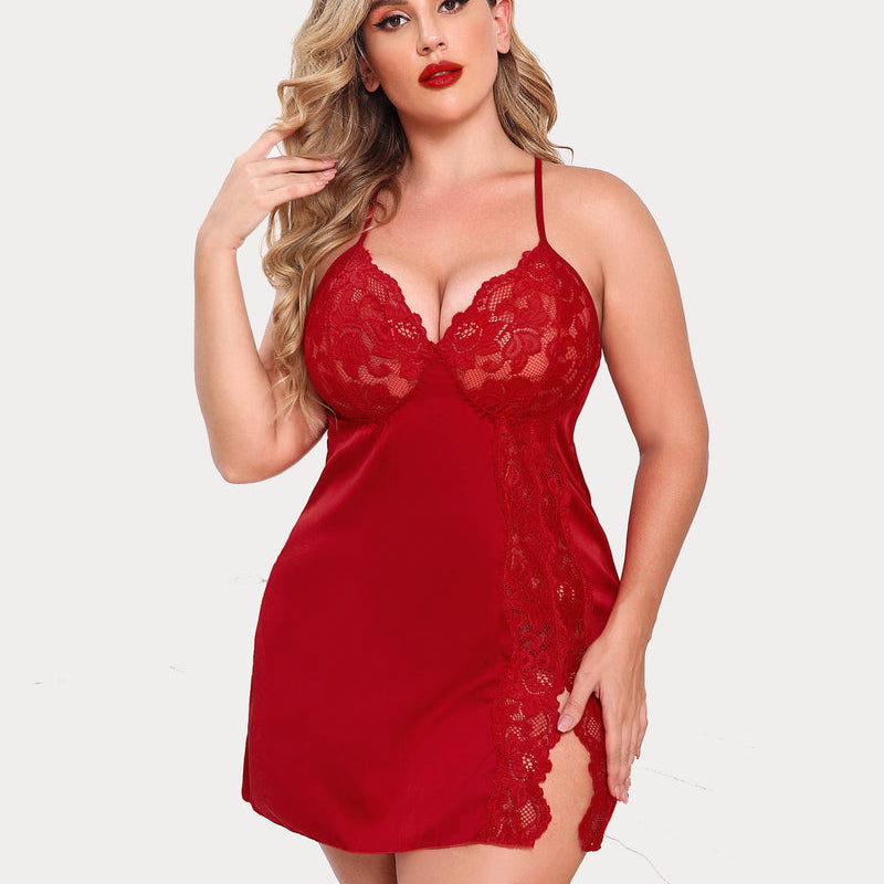 Plus Size Red Satin Nightgown with Lace Trim, Adjustable Straps and Side Slit Design