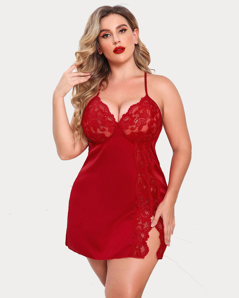 Plus Size Red Satin Nightgown with Lace Trim, Adjustable Straps and Side Slit Design