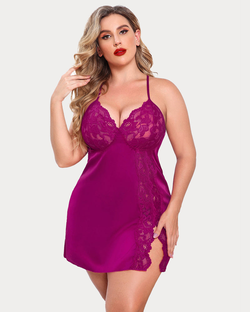 Plus Size Magenta Satin Chemise with Lace Cups and Side Slit, perfect for a sexy night.