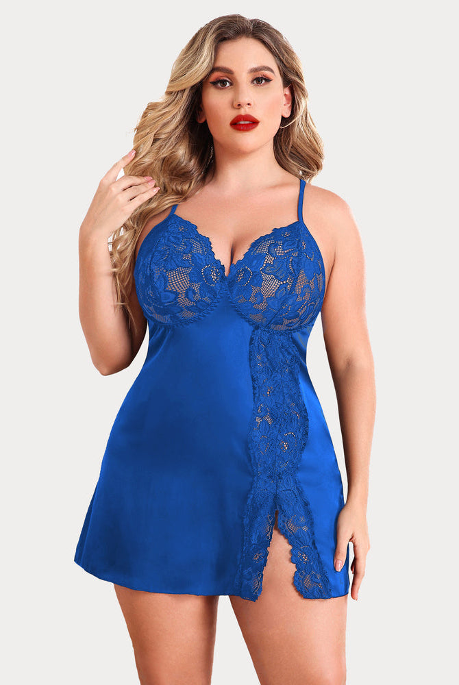Plus Size Blue Satin Nightgown with Lace Trim and Side Slit